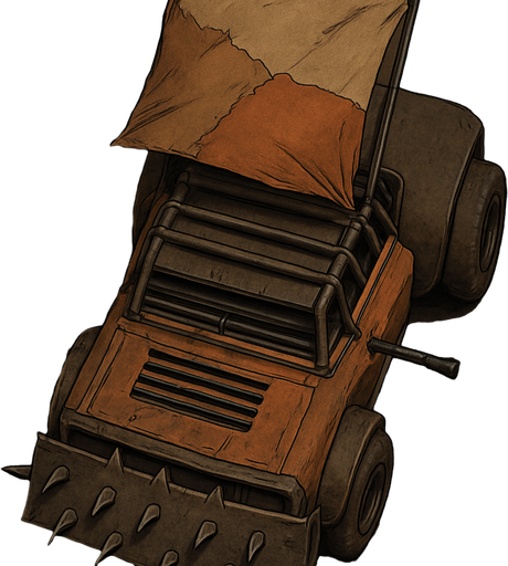 It will be in the style of a Mad Max truck and will have a top view. There will be a thorn plate in the front and the back will be smoother.