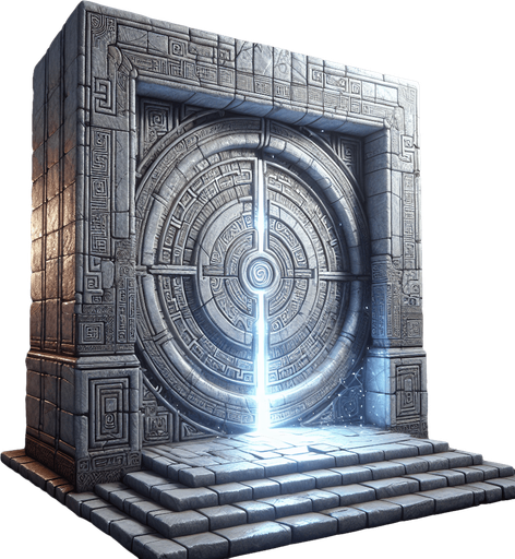 La porte d'Exit est un portail mystérieux et imposant qui se distingue par son atmosphère énigmatique. Elle est située à la fin du labyrinthe, là où la lumière semble devenir plus intense et où le suspense atteint son apogée.

    Structure : La porte est massive, faite de pierres anciennes et usées par le temps, avec des gravures mystérieuses sur les côtés. Elle semble être une sorte de portail magique, ses bords ornés de runes qui brillent faiblement dans l'obscurité. Les gravures changent légèrement lorsque le joueur s'en approche, comme si elles réagissaient à la présence du héros.

    Couleurs et lumière : L'exit émet une lumière douce mais persistante, un halo qui contraste fortement avec l'obscurité du reste du labyrinthe. La lumière n'est pas chaude, mais plutôt froide, avec des tons de bleu pâle et d'argent. Cela donne à la porte une allure à la fois apaisante et étrange. De petites étincelles flottent autour de la porte, comme si une force invisible était à l'œuvre..
Single Game Texture.  In-Game asset.  2d.  Blank background.  High contrast.  No shadows