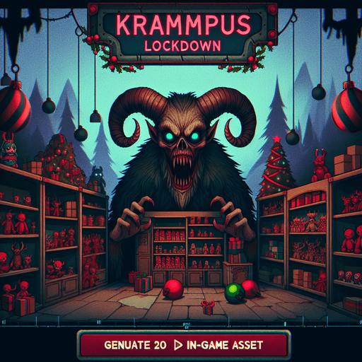 Eerie Christmas-inspired toy shop The only text on screen should be the title "Krampus Lockdown" centered on the image..
Single Game Texture. In-Game asset. 2d. Blank background. High contrast. No shadows.