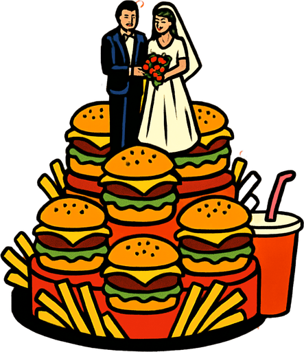 90s comic book style fast food style wedding cake.
In-Game asset.  2d.  High contrast.  No shadows