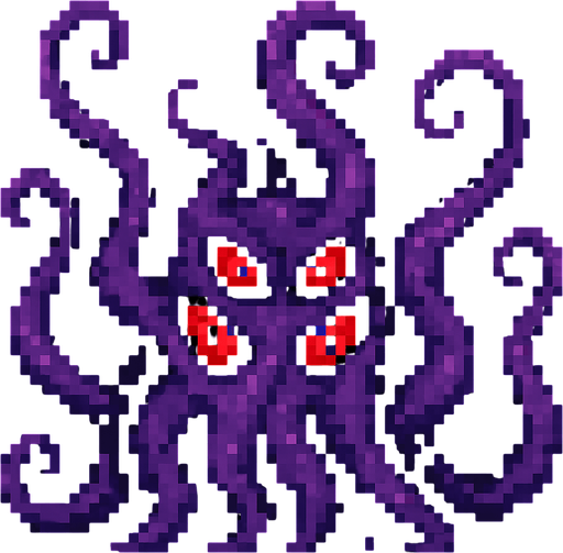 Purple tentacles pixel art and red eyes 2d.
In-Game asset.  2d.  High contrast.  No shadows