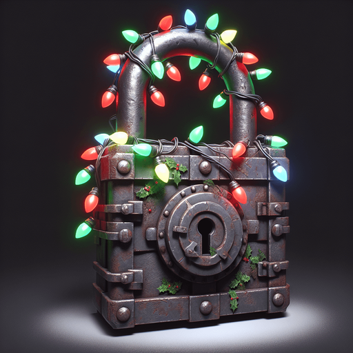 eerie christmas inspired christmas light lock with a resident evil style.
Single Game Texture. In-Game asset. 2d. Blank background. High contrast. No shadows.
