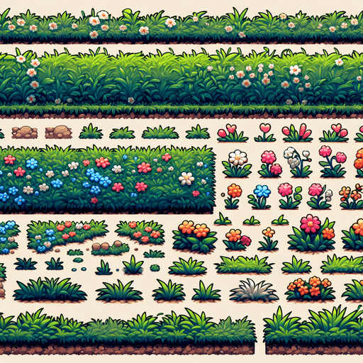 Horizontal ground sprite sheet. Grass and dirt. Sideways. Flowers
Single Game Texture.  In-Game asset.  2d.  Blank background.  High contrast.  No shadows