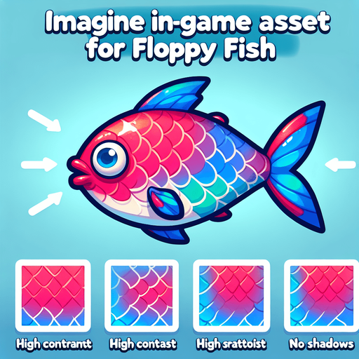 Floppy Fish the fish.
Single Game Texture.  In-Game asset.  2d.  Blank background.  High contrast.  No shadows. Floppy Fish