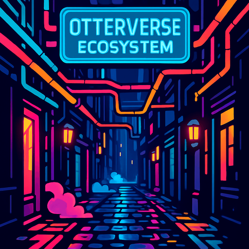 “Design a narrow cyber-alley between skyscrapers, with vibrant neon pipes crisscrossing overhead. One large digital holo-banner proclaims ‘Otterverse ecosystem.’ Add steam vents, flickering side-street lights, and wet cobblestones reflecting color—no characters or coins.”.
In-Game asset.  2d.  High contrast.  No shadows