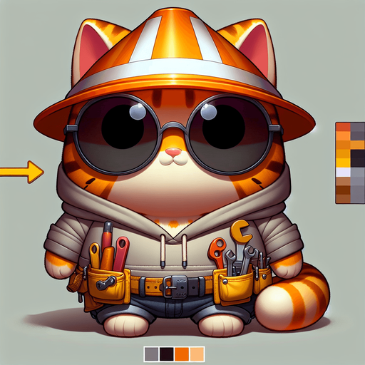 The character in the image is a cartoon-style, orange tabby cat with distinctive stripes. It sports a round face behind oversized, round circular, dark opaque sunglasses and has a notably small body compared to its head, enhancing its cute, chubby look. This cat is uniquely attired in a simple, light-colored hoodie with a drawstring, and atop its head sits a whimsical traffic cone, repurposed as a hat. Around its waist, a toolbelt is visible, equipped with various cartoon tools, suggesting a readiness for any construction task. Positioned with its paws in front, the cat maintains a relaxed posture, exuding a playful and whimsical vibe. This setup presents the cat not just as a casual mascot or a character in a children's book but as a creative introduction to the world of construction and imaginative play..
Single Game Texture. In-Game asset. 2d. Blank background. High contrast. No shadows.