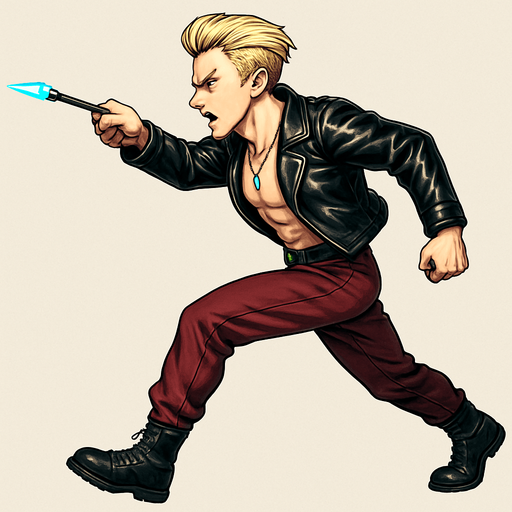 Cyberpunk manga, side profile view running animation frames, shiny black leather biker jacket longsleeves shirtless thin abs pecs necklaces gemstone tipped wand, action shot wand pointed straight in front arm extended wand casting spell fierce fashion pose animation blonde undercut pompadour, vampire fangs, wine red joggers, combat boots, Background removed, "Full-body character, entirely in frame, no cropping of face, head, or feet" "Complete character visible, from head to toe, fully centered in the image" "Entire character, including face and boots, fully within the frame" Character fully contained within a square frame, no edges cut off,