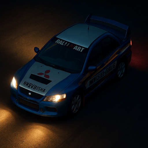 Photorealistic Mitsubishi Lancer Evolution Rallycar in nightlight, drone topview from back and 45 degrees angle in top right corner