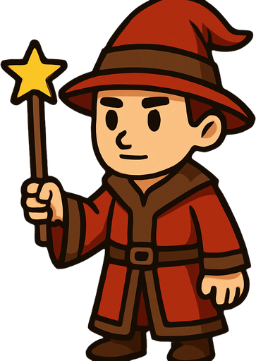 Mago con sombrero rojo y marrón sin barba con varita con estrella, de cuerpo entero.
In-Game asset.  2d.  High contrast.  No shadows