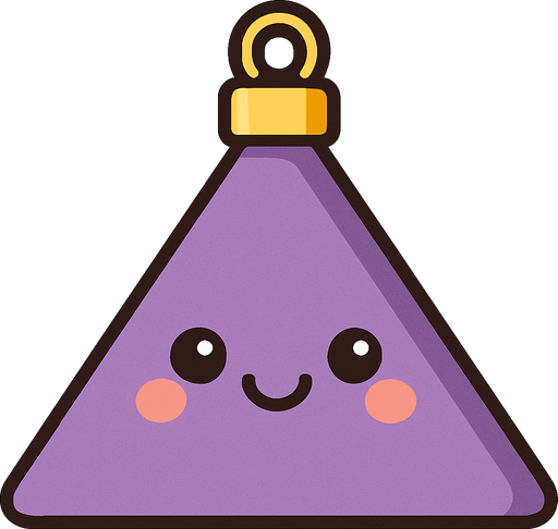 Perfectly triangle purple Christmas decoration with cute happy face. Cartoon style. Cute art style. Simple vector style.