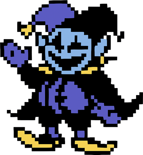 Jevil, un jefe del capitulo 1 de deltarune, es pixleado y el fondo detras de este es color blanco.
In-Game asset.  2d.  High contrast.  No shadows