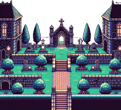 A pixel art large background in a Super Nintendo, Super Castlevania style with an open world like cemetery, 3/4 viewpoint
 
Single Game Texture. In-Game asset. 2d. Blank background. High contrast. No shadows.
