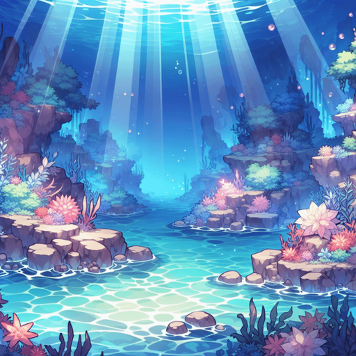32 bit image anime style of beautyfull quite empty under sea water.
Single Game Texture.  In-Game asset.  2d.  Blank background.  High contrast.  No shadows