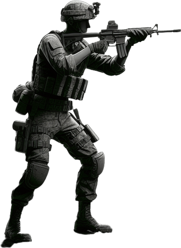 jungle soldier stand shoot the target right direction.
Single Game Texture.  In-Game asset.  2d.  Blank background.  High contrast.  No shadows