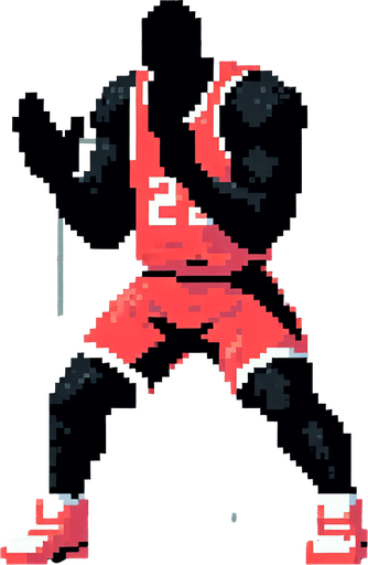 Tall, bulky, black male holding hands up trying to defend a basketball shot. Basketball player is wearing red shorts with a red jersey. The basketball is not present in the image. 8-bit art style..
Single Game Texture. In-Game asset. 2d. Blank background. High contrast. No shadows.
