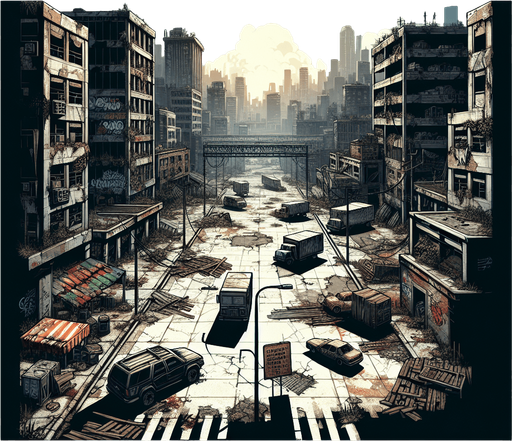 Город зомби апокалипсиса.
Single Game Texture. In-Game asset. 2d. Blank background. High contrast. No shadows.