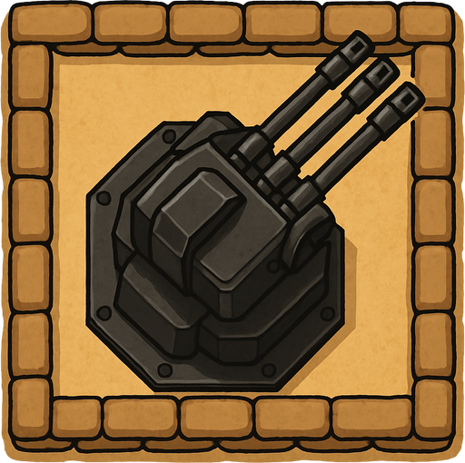 Top view of an Black defense Military tower large Anti air automatic triple barrel cannons, in the desert, the image has a square border outlined by military defense Brown sandbags.
In-Game asset.  2d.  High contrast.  No shadows