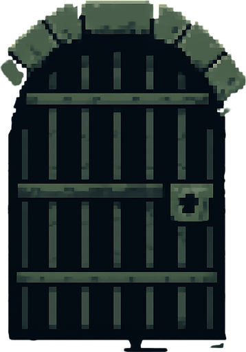 Background image of gate leading into a dark dungeon. Walls are grey and mossy stones. Retro pixel art..
In-Game asset.  2d.  High contrast.  No shadows