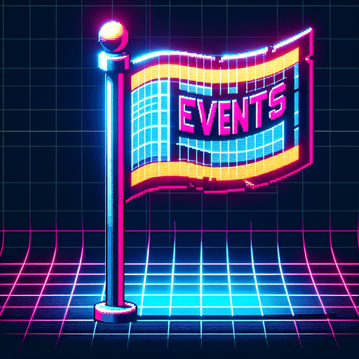 retro cyberpunk pole flag in neon colors with the words 'events' on it..
Single Game Texture. In-Game asset. 2d. Blank background. High contrast. No shadows.