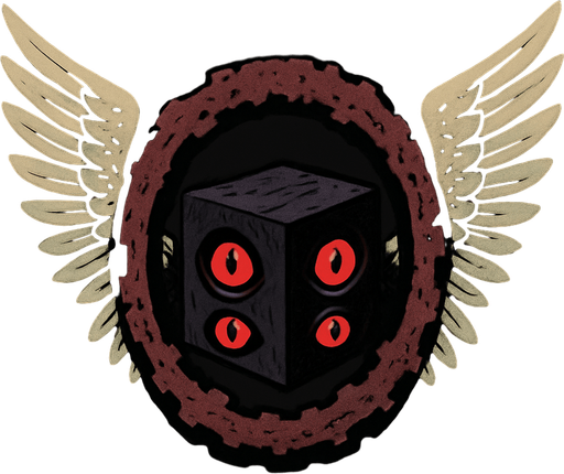 Alas: Tiene un par de grandes alas emplumadas de color gris claro o blanco, similares a las de un ángel o un grifo, que se extienden prominentemente hacia los lados.

Aro dentado/rueda: En el centro del ser hay un gran aro o rueda de color oscuro, posiblemente marrón rojizo o burdeos, con una textura rugosa o dentada, como si estuviera hecho de metal corroído o material orgánico. Este aro tiene aberturas o huecos irregulares a lo largo de su perímetro.

Cubo central: Dentro del aro, hay un objeto cúbico, de apariencia más pequeña que el aro, de color oscuro (posiblemente negro o morado muy oscuro). En cada una de las caras visibles de este cubo hay lo que parecen ser ojos rojos brillantes con pupilas oscuras, lo que le da un aspecto vigilante o inquietante..
In-Game asset.  2d.  High contrast.  No shadows