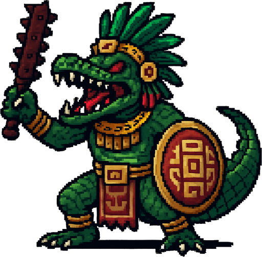 Genérame una Caiman llanero guerrero azteca con eso patrones, estilo pixelar, con una apariencia maligna, ojos rojos, rabioso. Unidad cuerpo a cuerpo. Animal.
In-Game asset.  2d.  High contrast.  No shadows