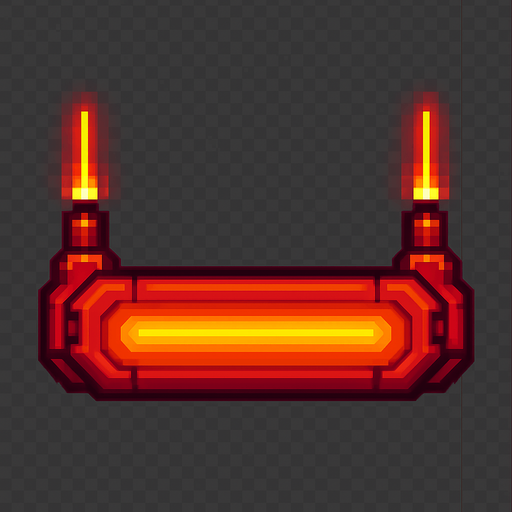 A horizontal glowing paddle for a 2D breakout-style arcade game.
Make it bright red with a futuristic laser cannon design.
The paddle should have two small laser emitters on each side pointing upward.
Style: minimal, pixel-art or arcade-style, flat background.
Top-down view, transparent background, centered.
Resolution: 512x128 px..
In-Game asset.  2d.  High contrast.  No shadows