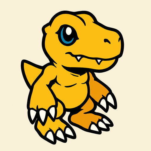 Agumon viendo a la derecha, perspectiva isometrica.
In-Game asset.  2d.  High contrast.  No shadows