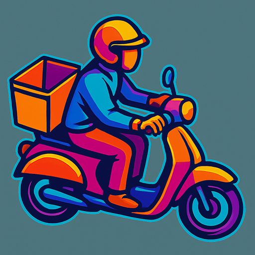 A moped courier riding a moped with a food carrying basket with the top open and no lid on the back of the moped. Top down view with the moped pointing fully sideways.