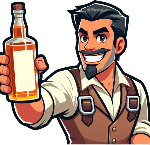 upper torso of a western cartoon barman getting ready to throw a bottle of whiskey..
Single Game Texture. In-Game asset. 2d. Blank background. High contrast. No shadows.