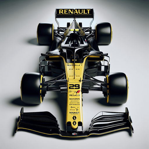 Photorealistic F1 Renault race car. TOP VIEW.
Shiny black body with shiny yellow nose. 
Replace every ,,RENAULT" texts to ,,RENAIULT".
Yellow rear wing. Black ,,RENAIULT" text and logo on nose with black racenumber.