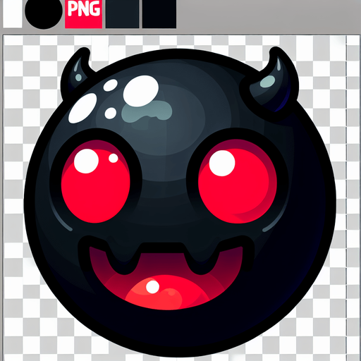uma bola preta com chifres, e com olhos vermelhos com um sorriso assustador, fundo png.
Single Game Texture. In-Game asset. 3d. Blank background. High contrast. No shadows.