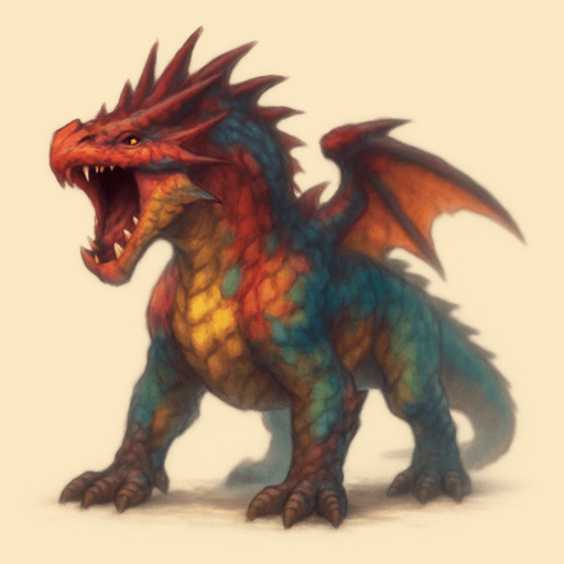 Different standing dragon on four legs, looking down. have mixed colors. Blur. the dragon is opened mouth like he is ready to shout. 
Single Game Texture. In-Game asset. 3D. Blank background. High contrast. No shadows.