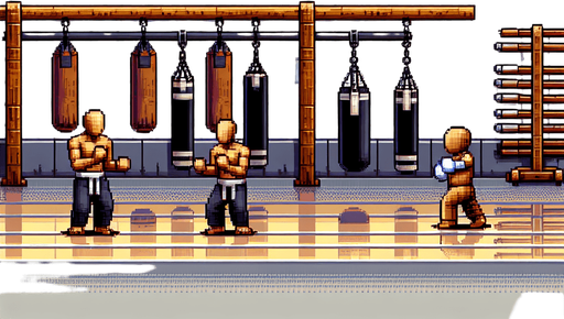 martial arts background fight scene.
Single Game Texture. In-Game asset. 2d. Blank background. High contrast. No shadows, detailed pixel art style
