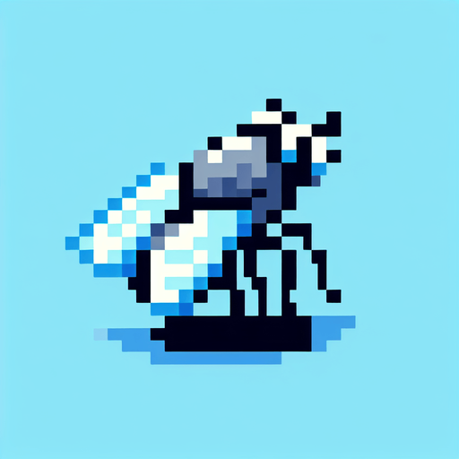 Simple side view of a pixel art fly on a sky blue background 
Single Game Texture. In-Game asset. 2d. Blank background. High contrast. No shadows.