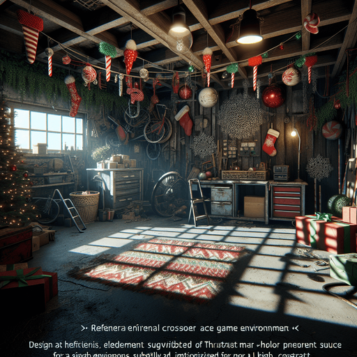 Eerie Christmas-inspired garage similar to a resident evil room
Single Game Texture. In-Game asset. 2d. Blank background. High contrast. No shadows.