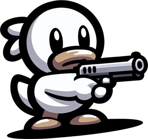 Белая мультяшная утка держит ружье и направляет в экран..
Single Game Texture. In-Game asset. 2d. Blank background. High contrast. No shadows.