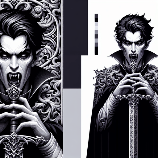 A drakula kept an sword.
Single Game Texture. In-Game asset. 2d. Blank background. High contrast. No shadows.