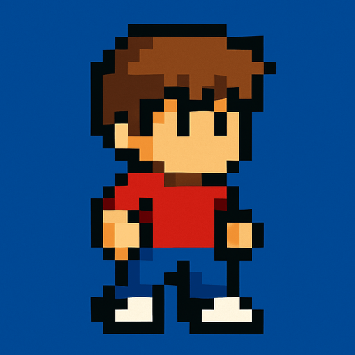 Make an 8 bit boy with brown hair.
In-Game asset.  2d.  High contrast.  No shadows
