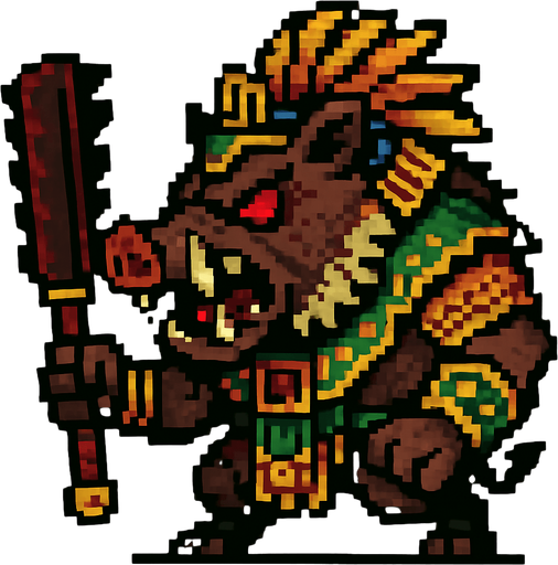 Genérame una Pecari de collar guerrero azteca con eso patrones, estilo pixelar, con una apariencia maligna, ojos rojos, rabioso. Unidad cuerpo a cuerpo.
In-Game asset.  2d.  High contrast.  No shadows