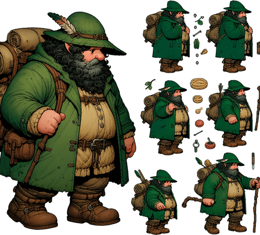 A spritesheet showing various poses of a chubby little hobbit wandering. he is in a green hunter's coat and with a green hat with a feather in it, and is carrying a backpack and holding a walking stick. there are many trinkets in his belt, some edible..
Single Game Texture. In-Game asset. 2d. Blank background. High contrast. No shadows.