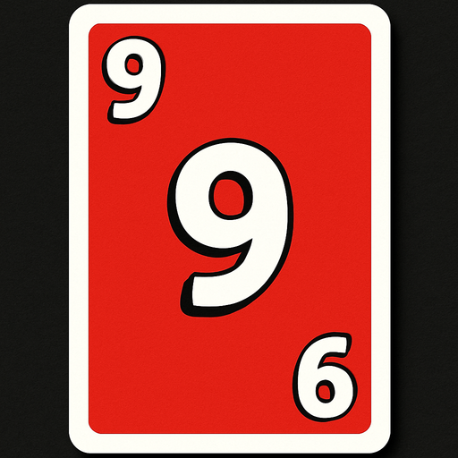 Rectangular card numbered 9, with a white border around it and a red background..
In-Game asset.  2d.  High contrast.  No shadows