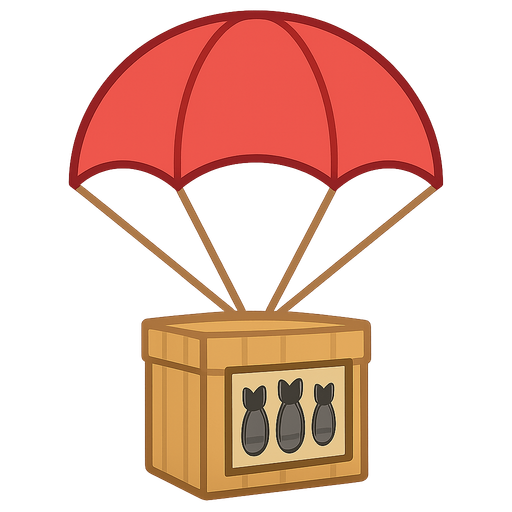 Un paracaidas con una cja con bombas carton. No background. Transparent background. Blank background. No shadows. 2d. In-Game asset. flat