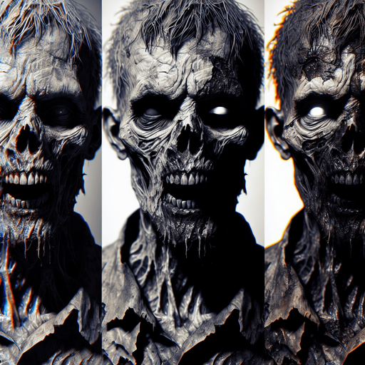 A scary zombie.
Single Game Texture.  In-Game asset.  2d.  Blank background.  High contrast.  No shadows