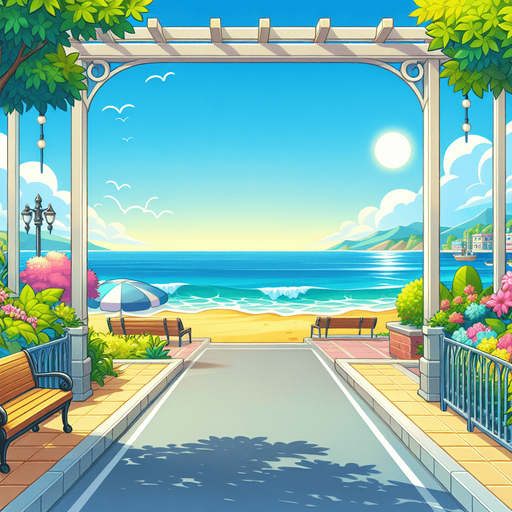 A beautiful scenery looking out to sea from an empty beach side promenade on a bright summer day. Happy game illustration style for a casual family friendly game..
Single Game Texture. In-Game asset. 2d. Blank background. High contrast. No shadows.