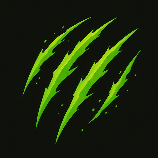 Small green claw slash effect. 2D. Top View..
In-Game asset.  2d.  High contrast.  No shadows