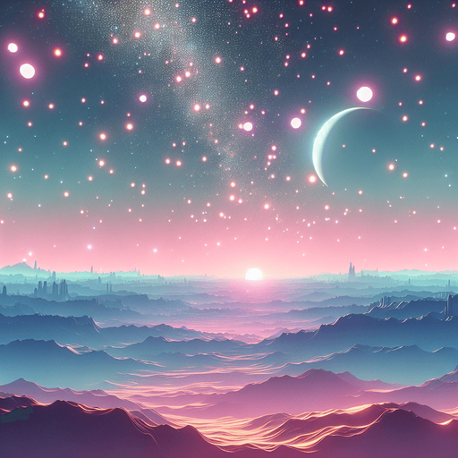 beautiful expansive landscape. starry sky, pastel colours, high definition, alien world..
Single Game Texture. In-Game asset. 2d. Blank background. High contrast. No shadows.