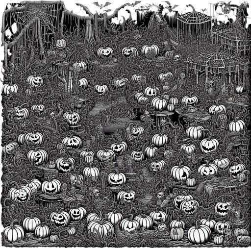 Generate a high quality cartoon background Halloween image on a black canvas similar to the format of where is waldo with a hellish environment filled with pumpkins.
Single Game Texture. In-Game asset. 2d. Blank background. High contrast. No shadows.