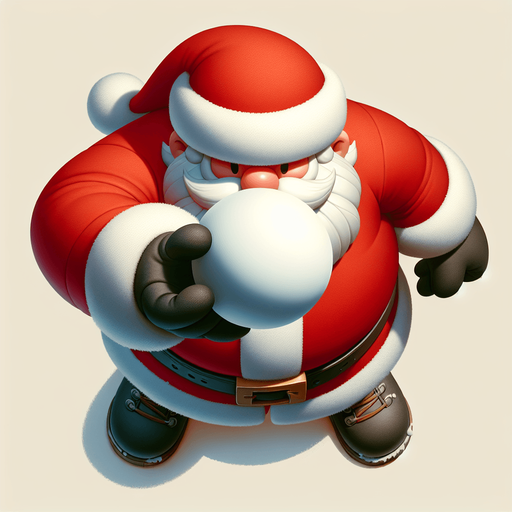 Santa gearing up to throw a snowball, viewed from above and facing forward Single Game Texture. In-Game asset. 2d. Blank background. High contrast. No shadows.