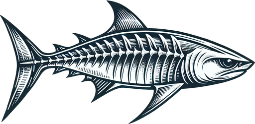 Very basic skeleton of a fish with a fin and shark head.