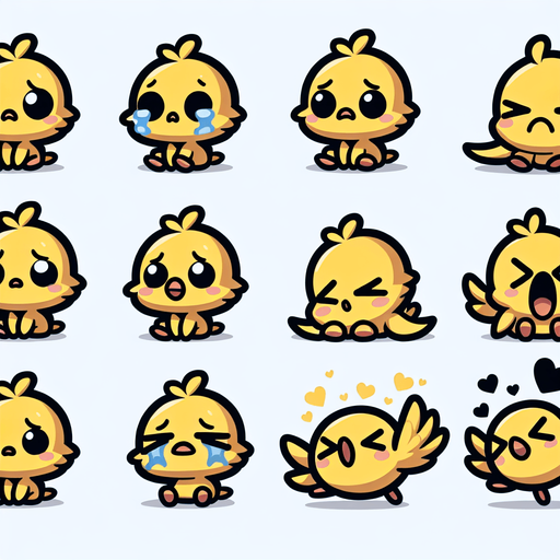 Spritesheet of a little yellow bird, sad and happy, sitting and flying..
Single Game Texture. In-Game asset. 2d. Blank background. High contrast. No shadows.